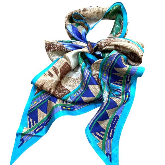 Vintage Oscar De La Renta Silk Scarf Pointy Ends Necktie Jungle Flowers Blue Tan - Picture 9 of 10